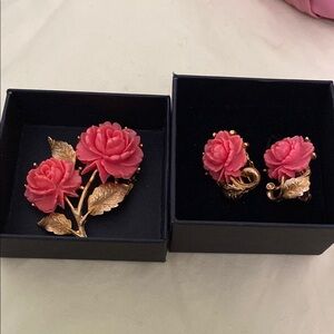 Vintage Lucite coral brooch and earrings set